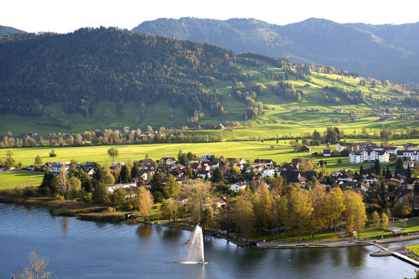 湖和村庄的景色。图片下载