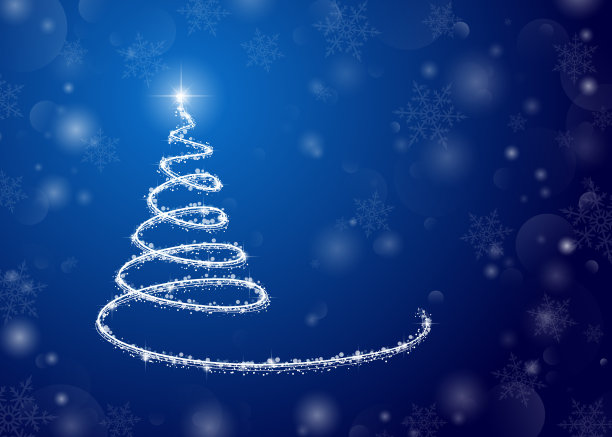 圣诞背景，一棵发光的蓝色圣诞树。用于海报、明信片、问候、新年和圣诞节的装饰。素材图片