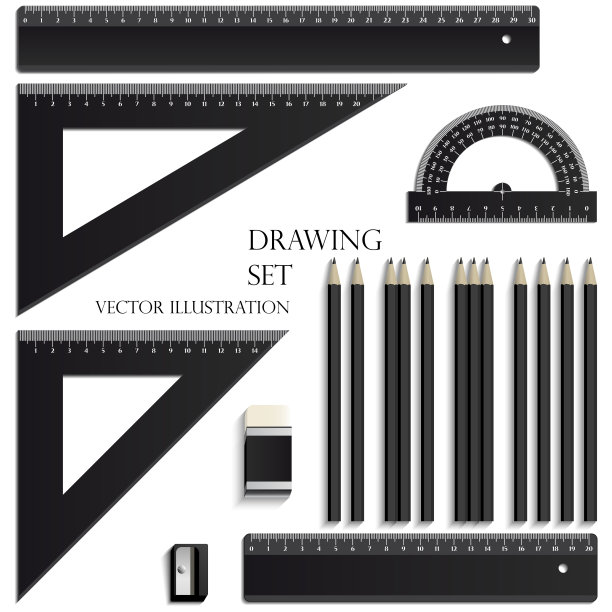 绘图集，尺子，量角器，铅笔，橡皮和卷笔刀现实塑料图片下载