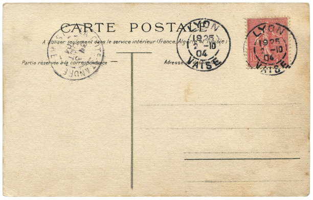 1904年从法国里昂寄出的带有空白内容的老式明信片，对于任何具有历史意义的明信片通信来说都是一个非常好的背景。图片下载