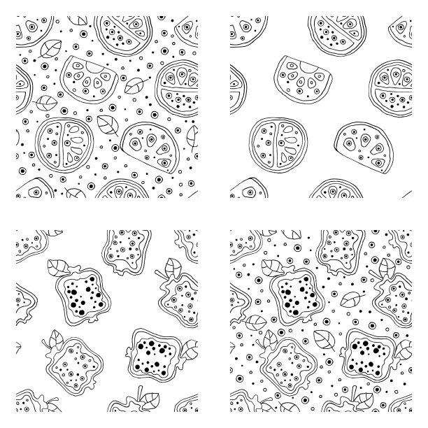 一套无缝矢量手绘幼稚的模式与水果。可爱的橘色，石榴带着叶子、种子、水滴。涂鸦、素描、卡通风格背景。画线图片下载
