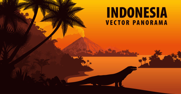 矢量全景印度尼西亚与科莫多龙图片下载