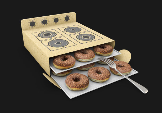 纸板炊具和叉子内蛋糕的3d插图，孤立在黑色背景。图片下载