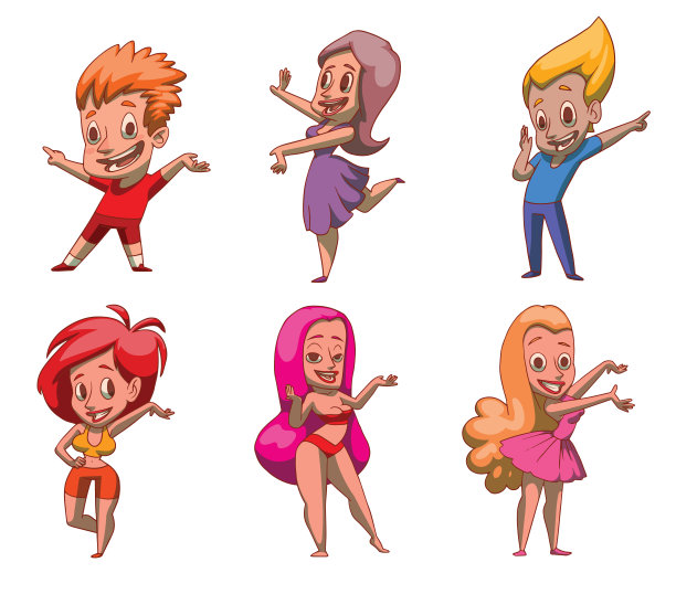 一组六个有趣的男人，女人，展示一些东西，彩色图像图片下载