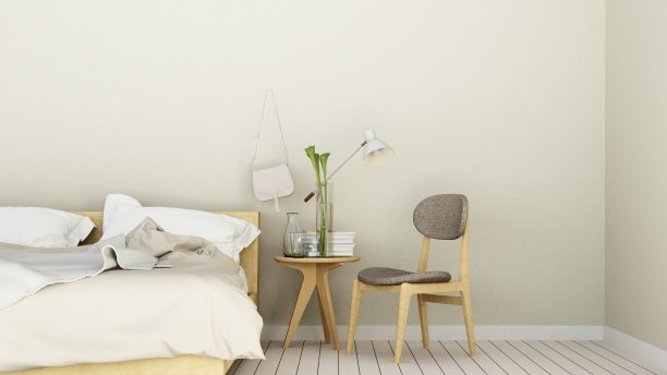 卧室房间室内空间的床角和酒店装饰墙——三维渲染的简约风格图片下载