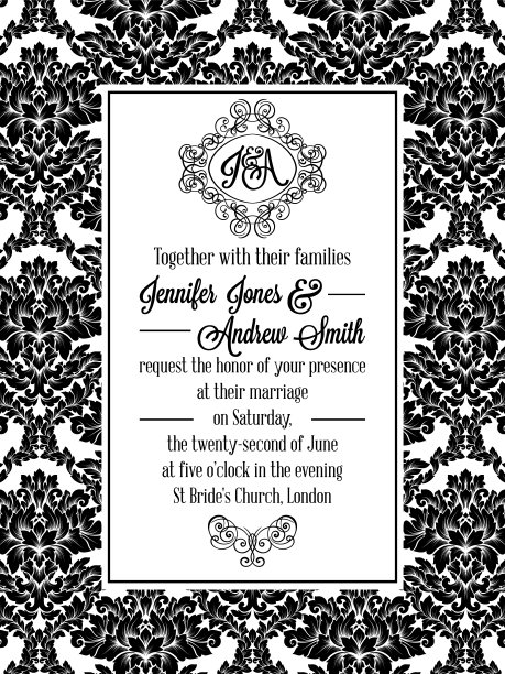 缎子图案设计的婚礼请柬在黑色和白色。锦缎皇家框架和精致的字母图片下载