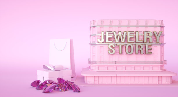 珠宝店大楼，礼盒和纸袋，宝石和钻石。三维渲染图片下载