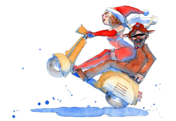 水彩画插图一套年轻夫妇在圣诞节化装服装与老式摩托车，传统艺术品扫描图片下载