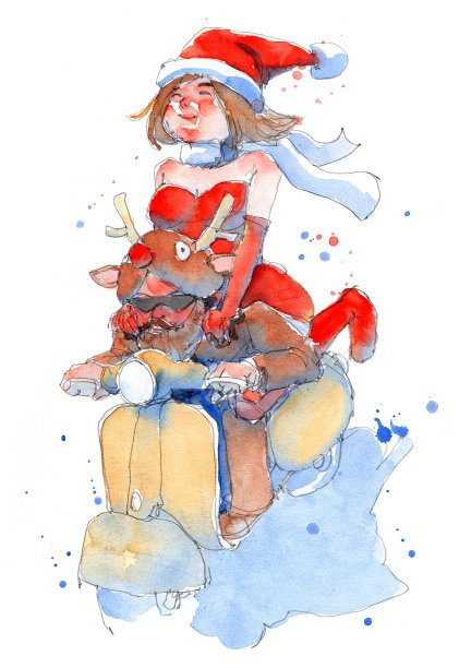 水彩画插图一套年轻夫妇在圣诞节化装服装与老式摩托车，传统艺术品扫描素材图片