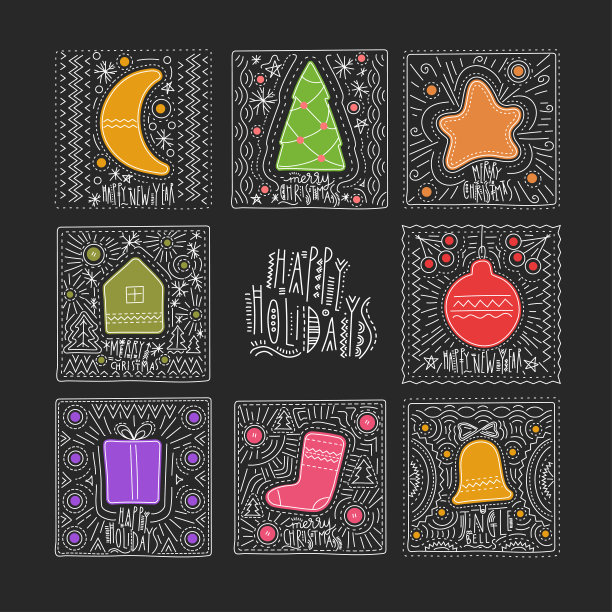 矢量收集手绘方形贺卡与圣诞符号在黑色的背景。图片下载