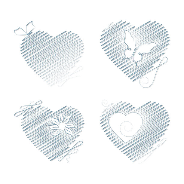 一套绣有蝴蝶、花朵、卷发的心。矢量插图。素材图片
