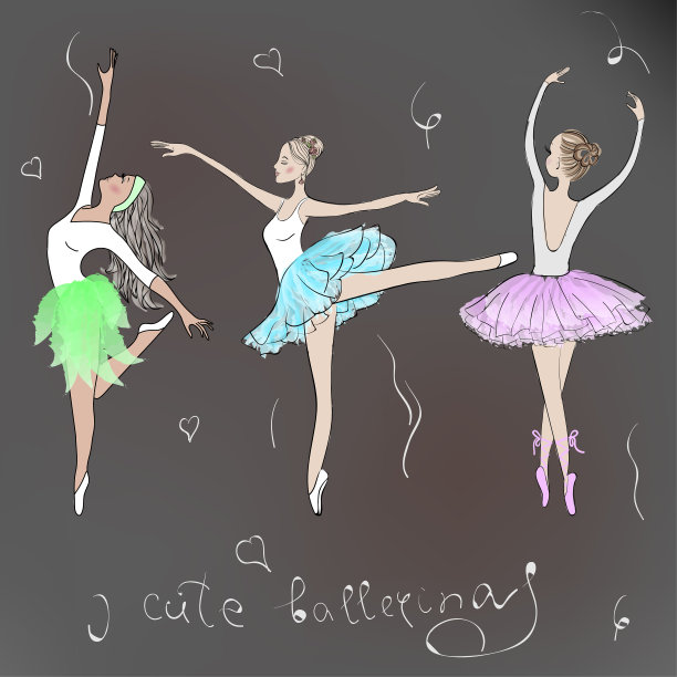 3个可爱的年轻芭蕾舞者在尖上跳舞，芭蕾舞鞋在花短裙。矢量插图。图片下载