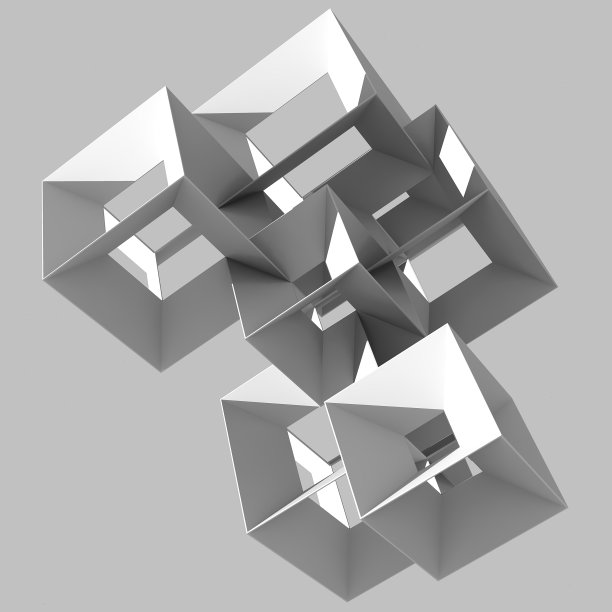 立方体结构在太空中飞行。3 d几何抽象。图片下载