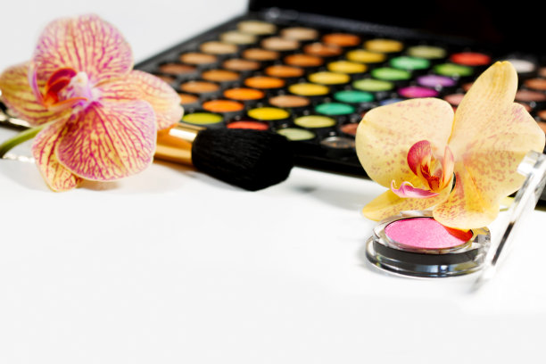 一套装饰化妆品的面粉和化妆刷与美丽的兰花花图片下载