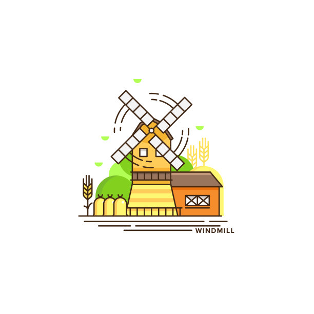 农业矢量平面插图在线性设计。风车和农场景观被孤立在白色的背景中。生态农业图标，标志平面矢量概念股矢量图片下载