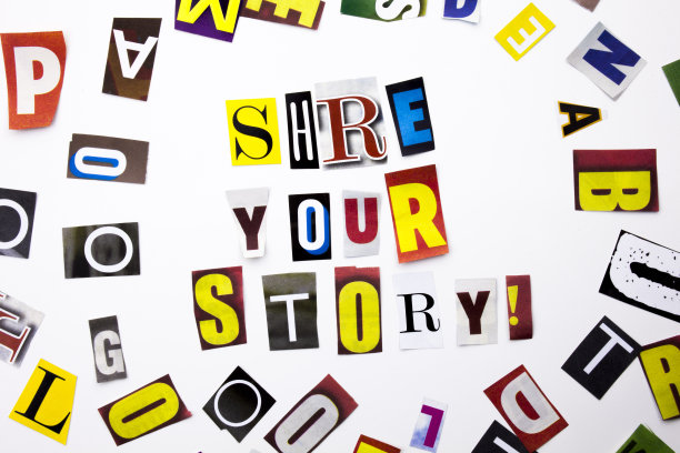 以不同的杂志、报纸、商业案例信件为素材，在白色的背景上加上文字空间，构成“分享你的故事”的概念图片下载