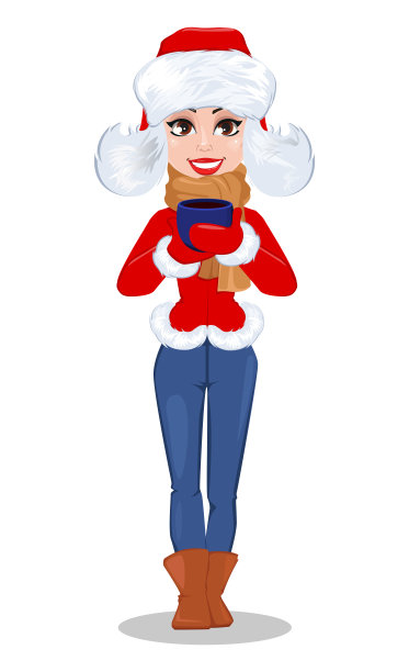 穿着冬装拿着热饮的漂亮女人。快乐微笑的卡通人物。图片下载