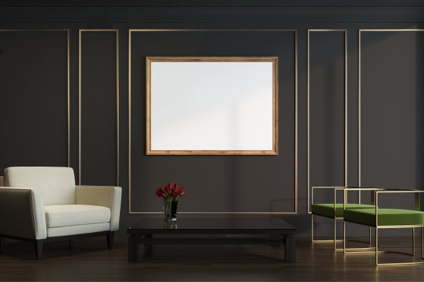 黑色和金色的客厅，扶手椅，海报图片下载