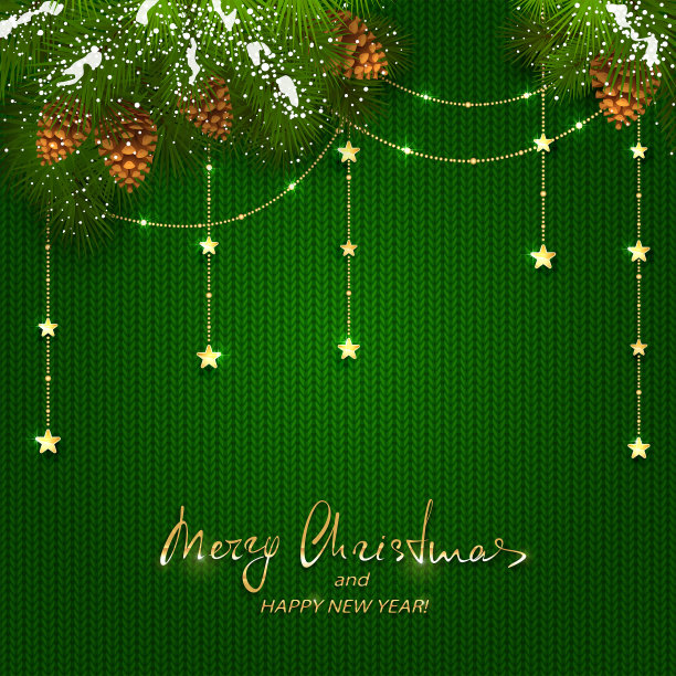 圣诞装饰与金色的星星在绿色编织的背景图片下载