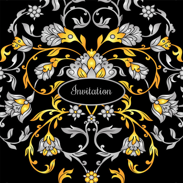 花装饰的邀请卡与古董，豪华的银色和金色复古装饰在黑色的背景，维多利亚旗帜，锦缎巴洛克风格的小册子，时尚图案，模板的设计图片下载