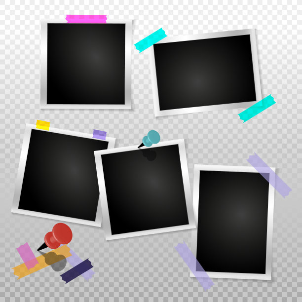 设置框架复古照片透明孤立的背景。复古水平空白老照片。方形相框，带胶带。向量图片下载