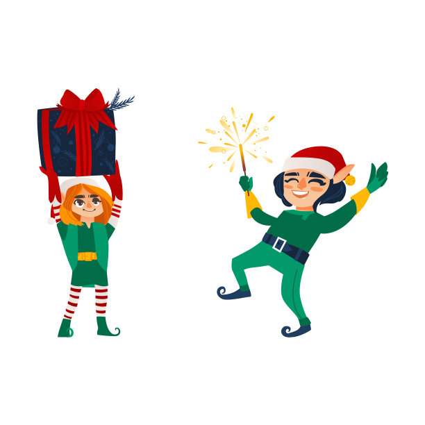 两个圣诞精灵，一个礼物和一个烟花图片下载
