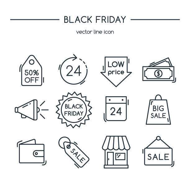 “黑色星期五”。行图标集。矢量插图。图片下载