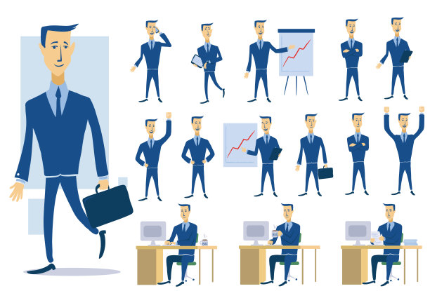 商务人士和情况的集合。演示，协议，用电脑工作。办公室和成功。在白色背景上的平面风格的孤立矢量插图。图片下载