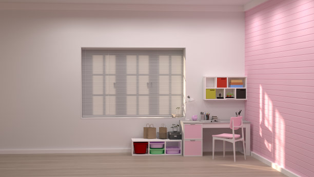桌上的钢笔和文具彩色的3D渲染装饰在白色和粉红色的墙壁与阳光美丽的图片在房间舒适和干净的房间图片下载
