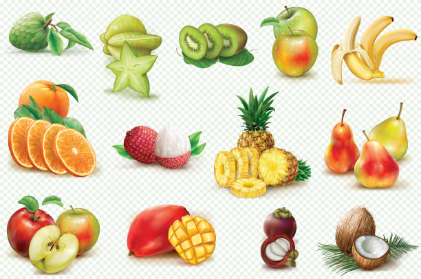 设置与彩色水果在一个透明的背景图片下载