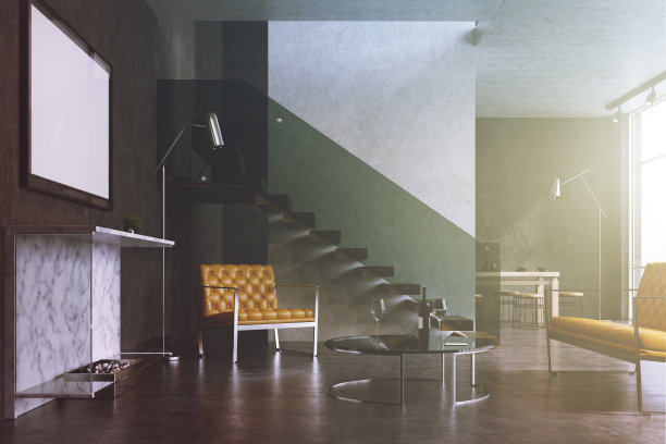 灰色的客厅，壁炉和海报色调图片下载