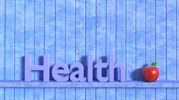 一个红苹果旁边的架子上有一个蓝色的“健康”字图片下载