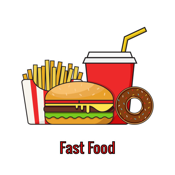 快餐。汉堡包、热狗、油炸圈饼和炸薯条。线的艺术图片下载