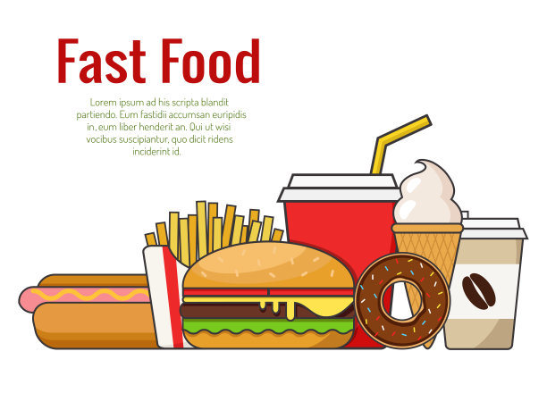 快餐。汉堡包、热狗、甜甜圈、冰淇淋和炸薯条。线的艺术图片下载