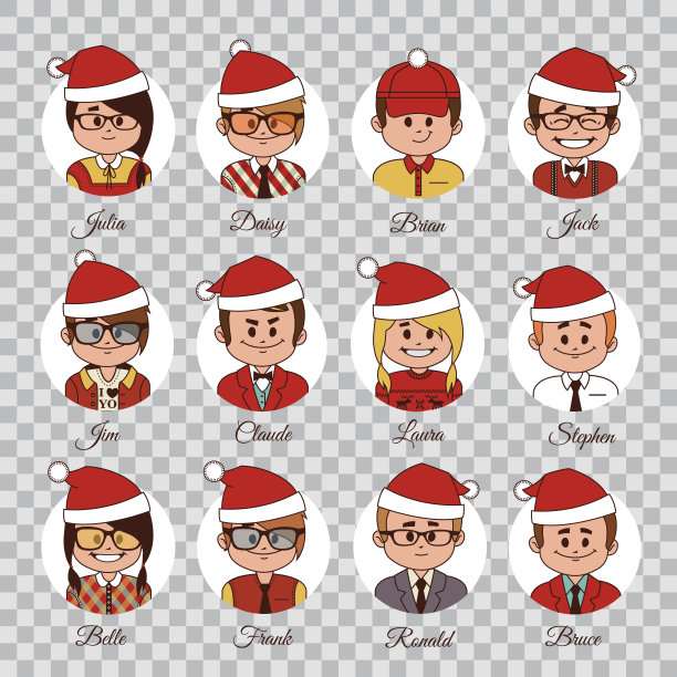 圣诞人物集。一组虚拟人物办公室团队在圣诞帽子。人物戴着圣诞帽。圣诞节的图标图片下载