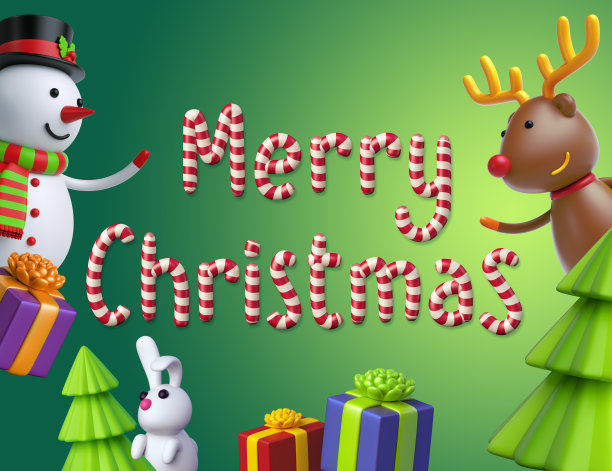 3d渲染，数字插图，圣诞贺卡，节日海报，卡通雪人和鹿，有趣的节日背景图片下载
