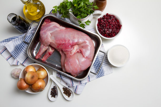 生兔肉，洋葱，大蒜，欧芹，蔓越莓，糖，多香果和杜松子放在白色的桌子上图片下载