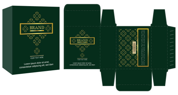 包装设计，绿色和金色豪华盒设计模板和样板盒。图片下载