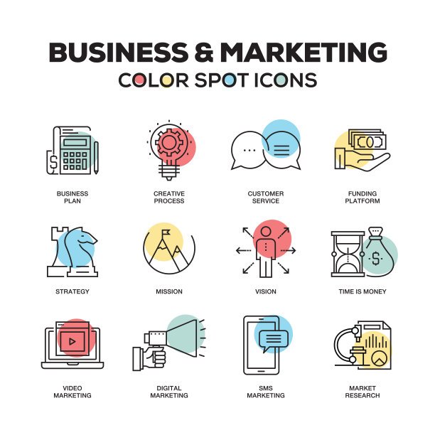 简单的一套业务和营销颜色向量线图标图片下载