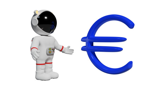宇航员看着蓝色的欧元标志，可爱的卡通人物，货币符号孤立在白色的背景(3d插图)图片下载