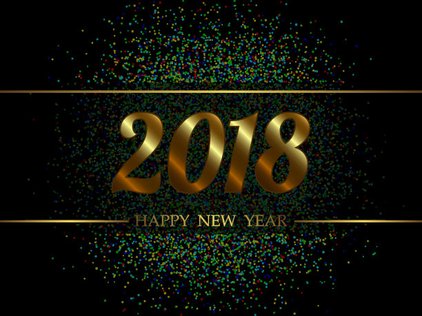 2018年新年黑色背景与闪闪发光的五彩纸屑图片下载