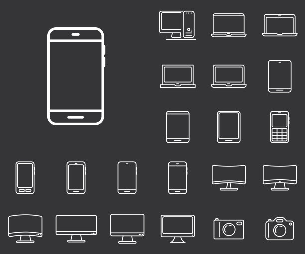 智能手机图标设置在黑色背景。一套薄，线性和现代电子设备图标。通用线性图标，以使用在网页和移动应用程序。图片下载