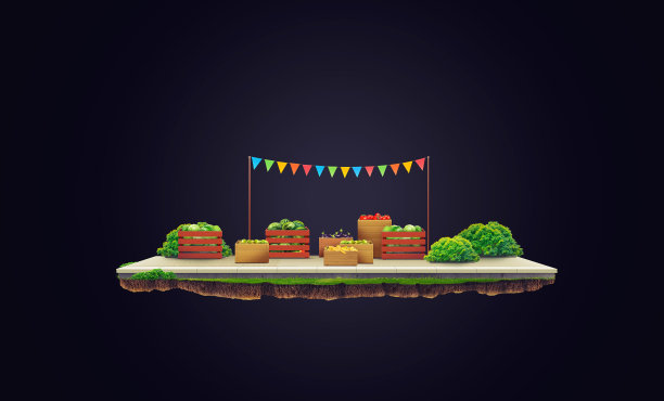 装水果和蔬菜的板条箱，集市，卖水果和蔬菜。三维插图土壤切片。在黑暗背景上孤立图片下载