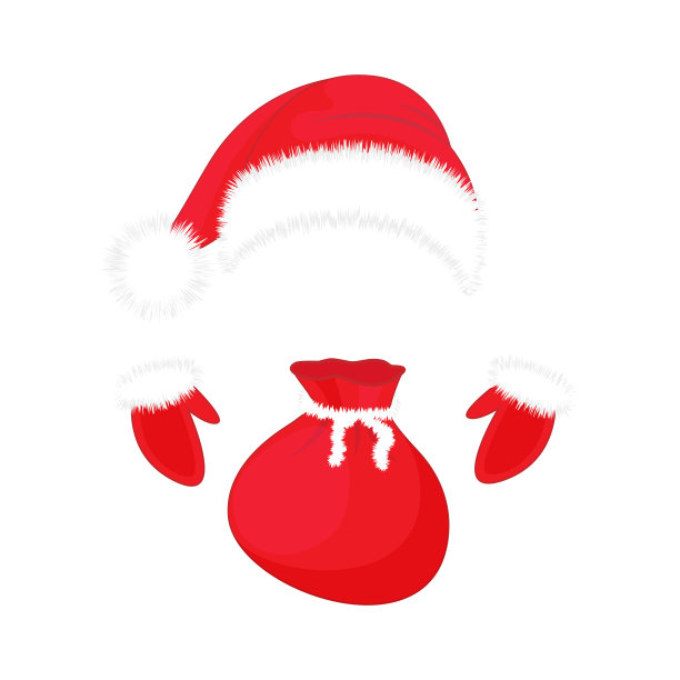 圣诞老人的帽子，手套和一袋礼物。圣诞节的象征。图片下载