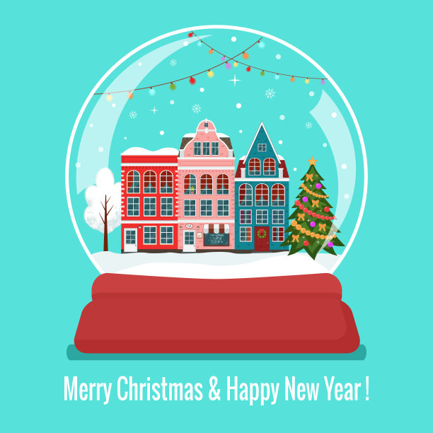 圣诞雪花玻璃球与欧洲房屋和圣诞树。图片下载