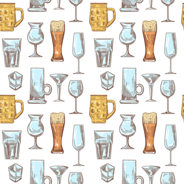 不同饮品饮品杯无缝图案。高脚杯手绘背景图片下载