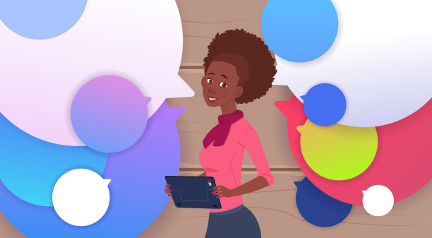 非裔美国女商人拿着平板电脑通过彩色聊天气泡说话图片下载