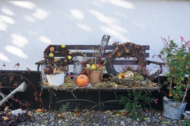 秋天用南瓜装饰的长凳图片下载