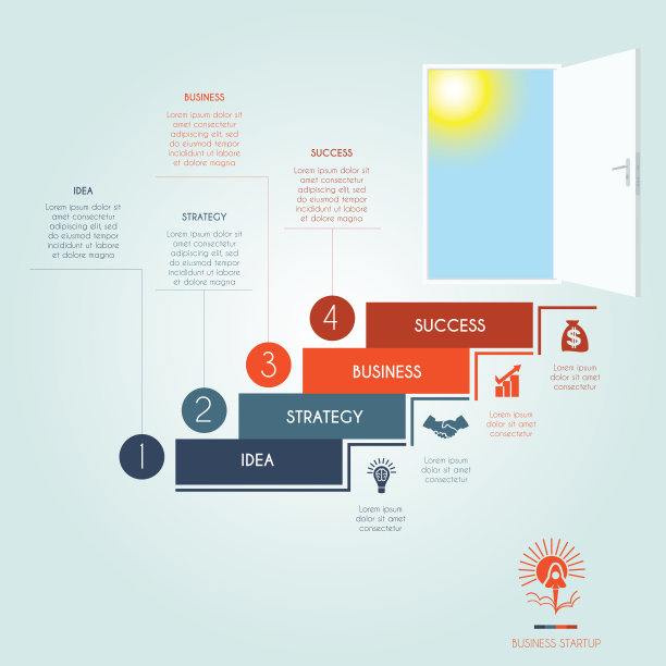概念信息图沿着楼梯走到打开的门。企业的成功创业。模板4个位置，可能用于工作流，横幅，图表，网页设计，时间线，区域图，数字选项，步骤选项图片下载