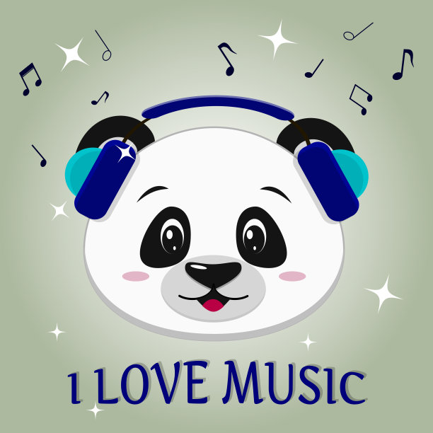 熊猫是一个音乐家，头戴蓝色耳机，卡通风格图片下载